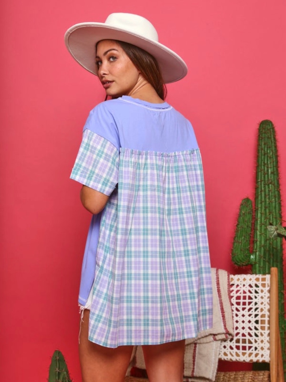 Fantastic Fawn Lavender Tee with Pastel Plaid Color-block